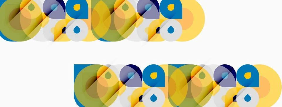 Abstract geometric patterns repeat, utilizing circles, squares, drops. Colors イラスト素材