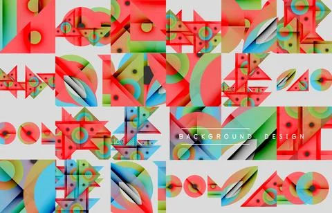 Abstract geometric patterns repeat. Vivid colors, shapes overlap creating Stock Illustration