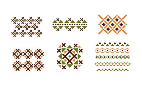 Abstract geometric patterns set, bright embroidery elements vector Illustration 스톡 일러스트