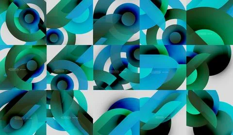 Abstract geometric patterns, varying shades blue, green. Overlapping circles Stock Illustration