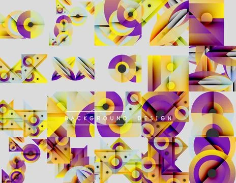 Abstract geometric patterns, vibrant colors, modern design elements. Purple, Illustrazione stock