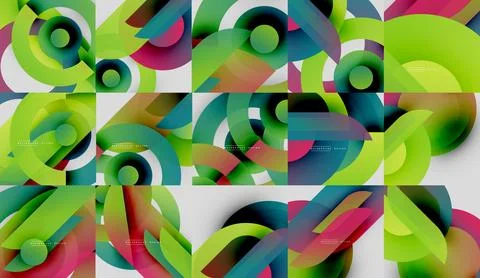 Abstract geometric patterns. Vibrant colors blend, creating dynamic circular Stock Illustration
