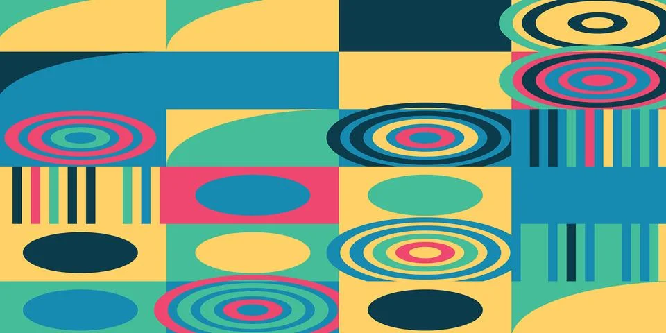 Abstract geometric patterns in vibrant pixelated collage with concentric sh.. Ilustración de archivo