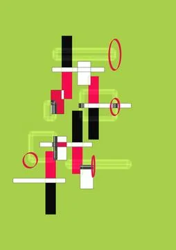 Abstract geometric rectangles with red oval rings on green background Stock Illustration