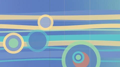 Abstract geometric rings float over blue, teal, and cream striped backgroun.. Ilustração Stock