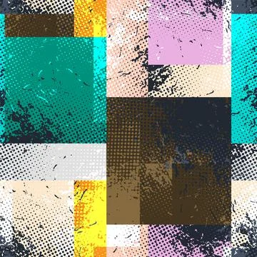 Abstract geometric seamless pattern with color squares and grunge spots Stock Illustration