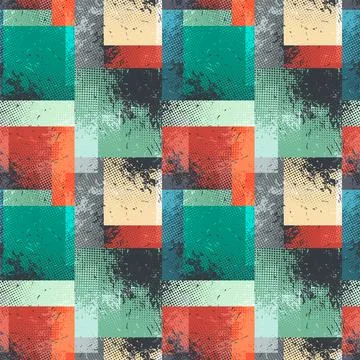 Abstract geometric seamless pattern with color squares and grunge spots Stock Illustration