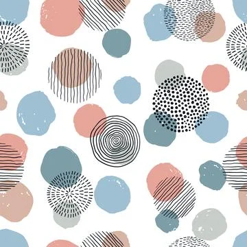 Abstract geometric seamless pattern with doodle circles and geometric shapes. 스톡 일러스트
