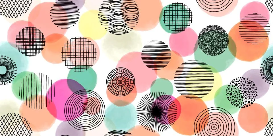 Abstract geometric seamless pattern with doodle circles and geometric shapes. Stock Illustration