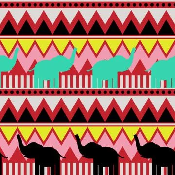 Abstract geometric seamless pattern with elephant, triangle and line tribal p Stock Illustration