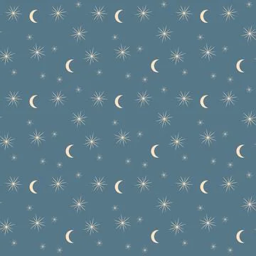 Abstract geometric seamless pattern of stars and moon on a blue background. Stock Illustration