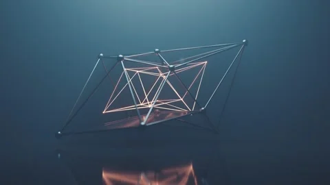 Abstract geometric shape with glowing lines rotates slowly on a dark reflec.. Vídeos de archivo 332150710