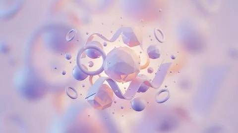 Abstract geometric shapes and bubbles in soft pink and blue tones floating .. Stock Illustration