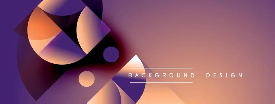Abstract geometric shapes blend, creating vibrant purple, orange gradients. Illustrazione stock