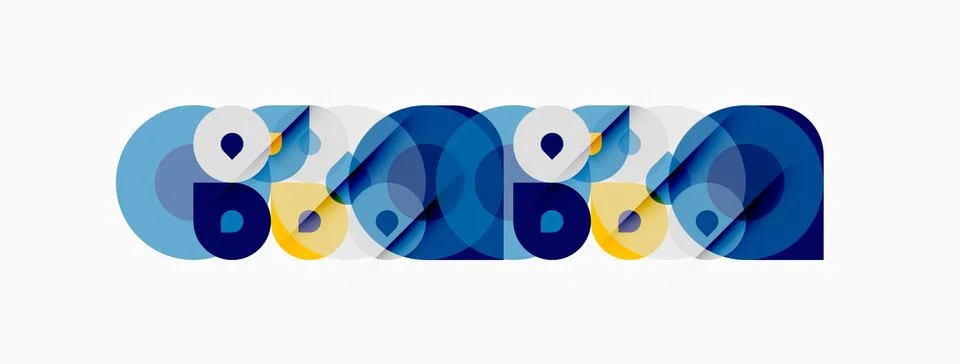 Abstract geometric shapes, circles, overlapping layers. Blue, yellow hues c.. Stock Illustration