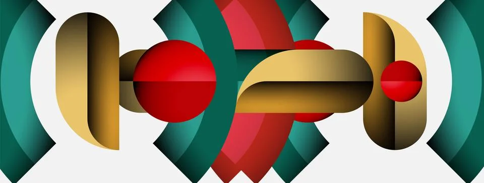 Abstract geometric shapes, circles, rectangles, red accents. Minimalist design, Illustrazione stock