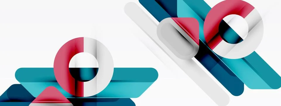 Abstract geometric shapes, circles, rectangles overlap. Teal, pink, gray colo Illustrazione stock