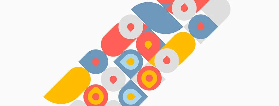 Abstract geometric shapes, circles, rectangles overlap. Red, blue, yellow hue Stock Illustration