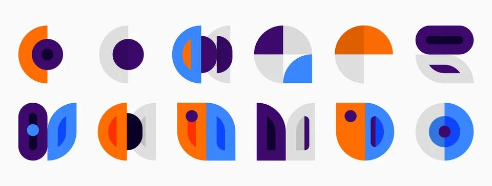 Abstract geometric shapes, circles, rectangles, purple, orange, blue hues. Illustrazione stock
