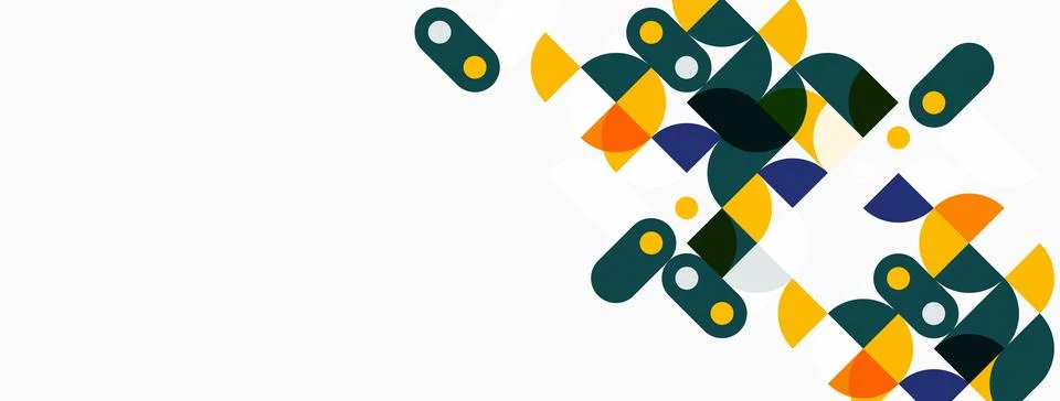 Abstract geometric shapes, circles, rectangles overlap. Teal, orange, dark .. Stockillustratie