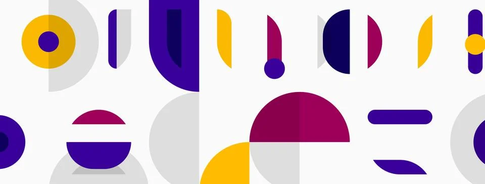 Abstract geometric shapes, circles, rectangles, lines. Purple, yellow, gray Stock Illustration