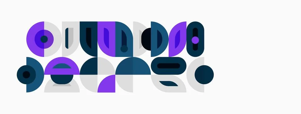 Abstract geometric shapes, circles, rectangles, purple, navy, gray tones. Stock Illustration