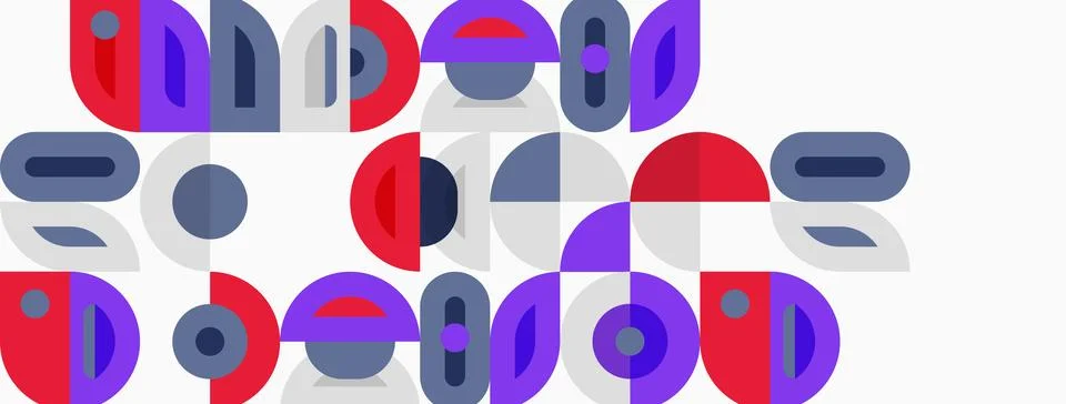 Abstract geometric shapes, circles, rectangles, ovals. Purple, red, gray, blu Stock Illustration