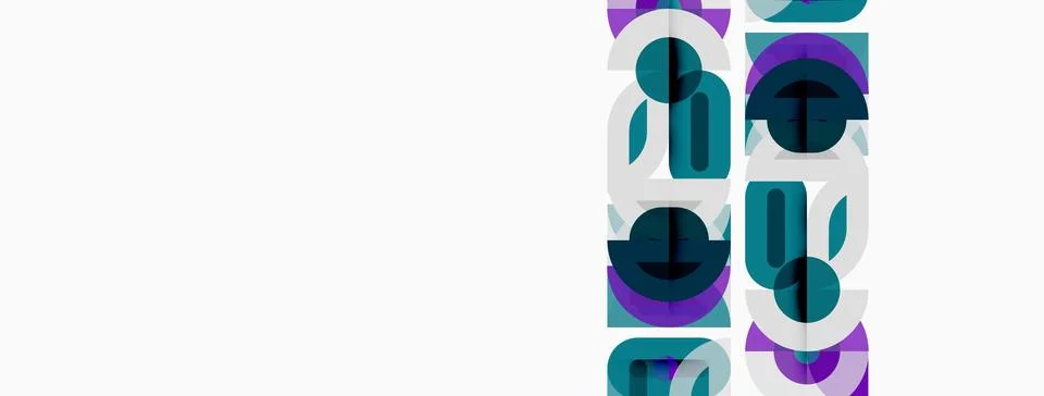 Abstract geometric shapes, circles, rectangles, purple, teal, white backgroun 스톡 일러스트