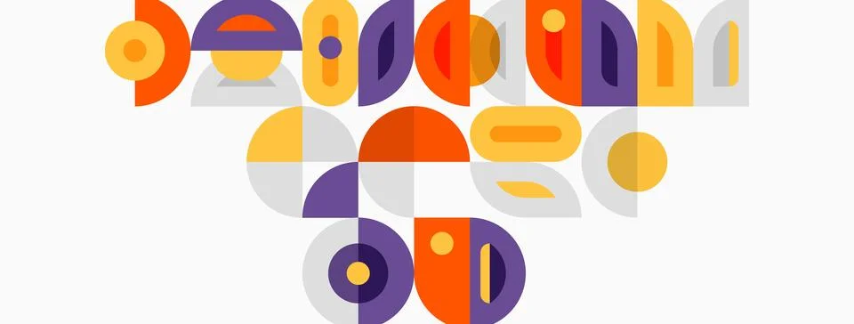 Abstract geometric shapes, circles, rectangles, orange, purple hues. Minimali Illustrazione stock