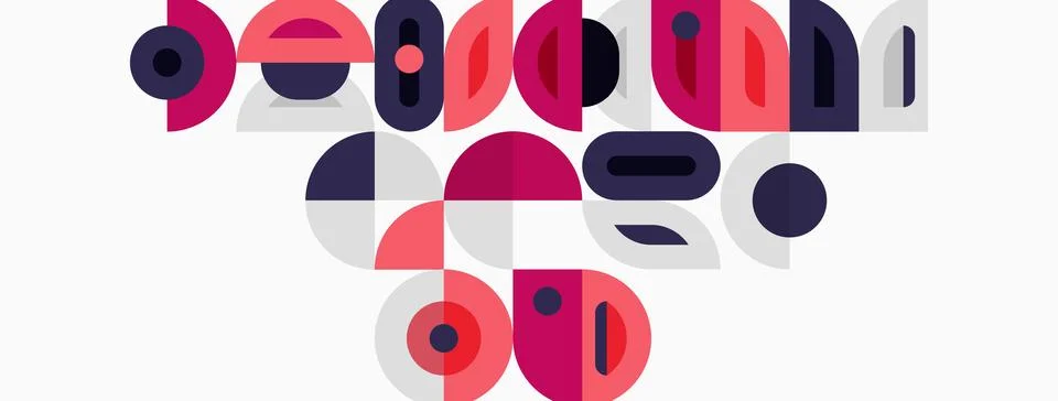 Abstract geometric shapes, circles, rectangles, purple, pink, gray tones. Stock Illustration