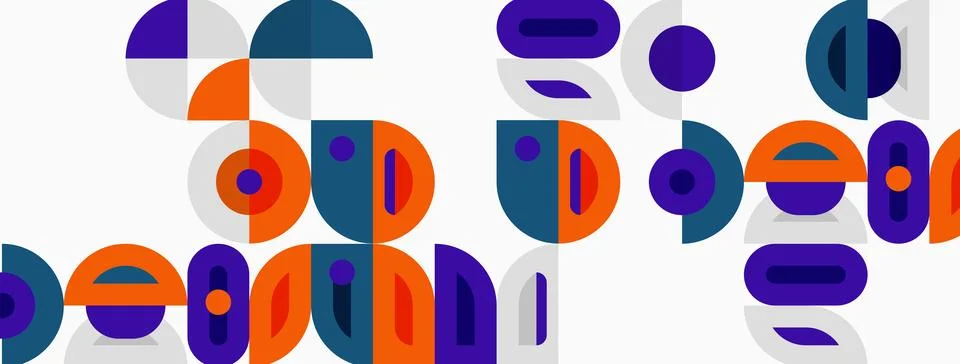 Abstract geometric shapes, circles, rectangles, purple, orange, teal. Minim.. Stock Illustration