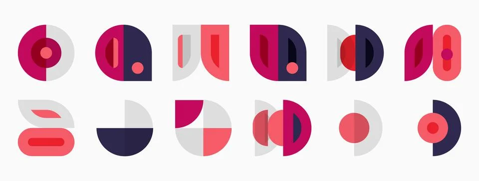 Abstract geometric shapes, circles, rectangles, pinks, purples. Minimalist Stock Illustration