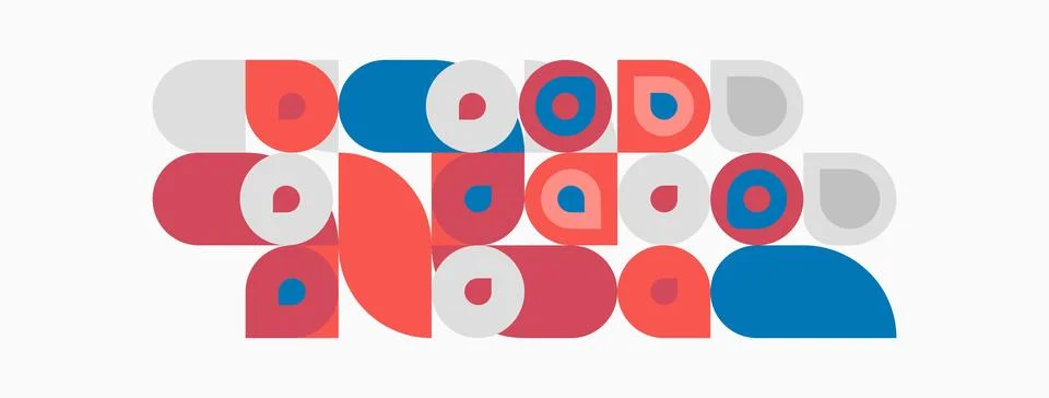 Abstract geometric shapes, circles, rectangles, overlapping colors. Red, blue Illustrazione stock