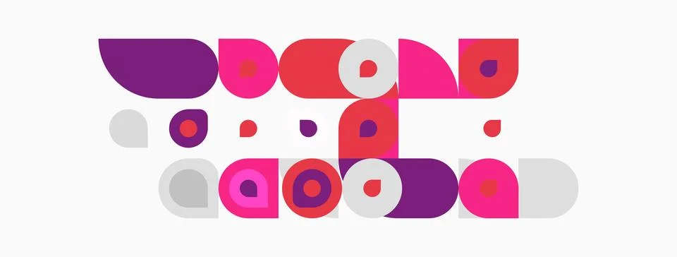 Abstract geometric shapes, circles, rectangles, purple, pink, gray hues. Stock Illustration