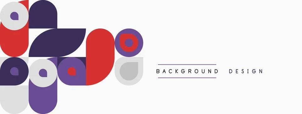 Abstract geometric shapes, circles, rectangles, purple, red hues dominate whi Illustrazione stock