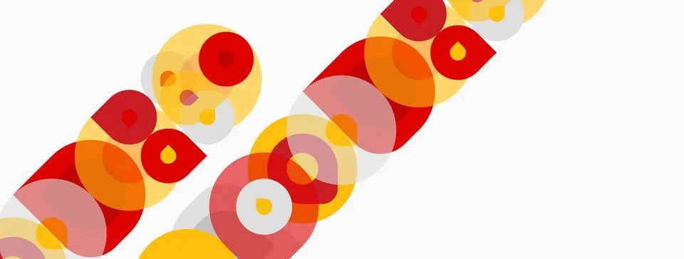 Abstract geometric shapes, circles, rectangles overlap. Warm colors dominate, Illustrazione stock