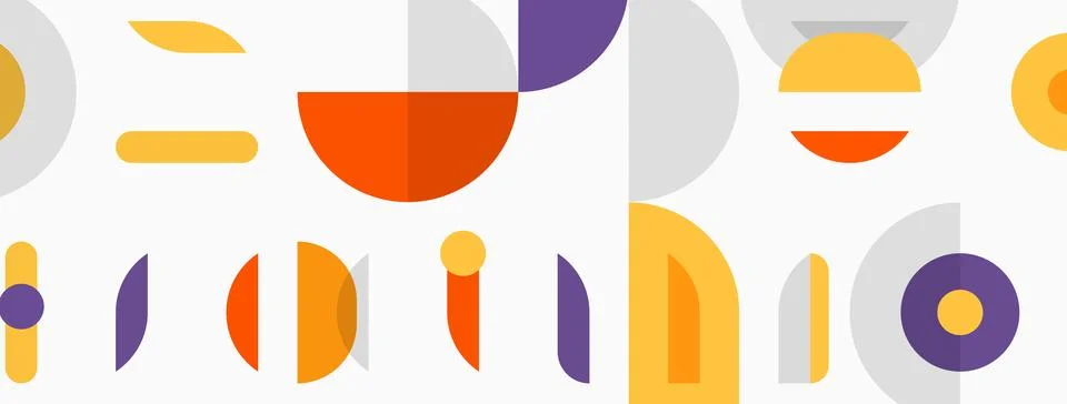 Abstract geometric shapes, circles, rectangles, purple, orange, gray tones. Stock Illustration