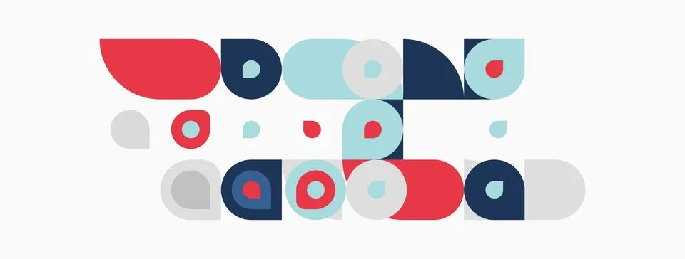 Abstract geometric shapes, circles, rectangles, red, blue, gray tones. Stock Illustration