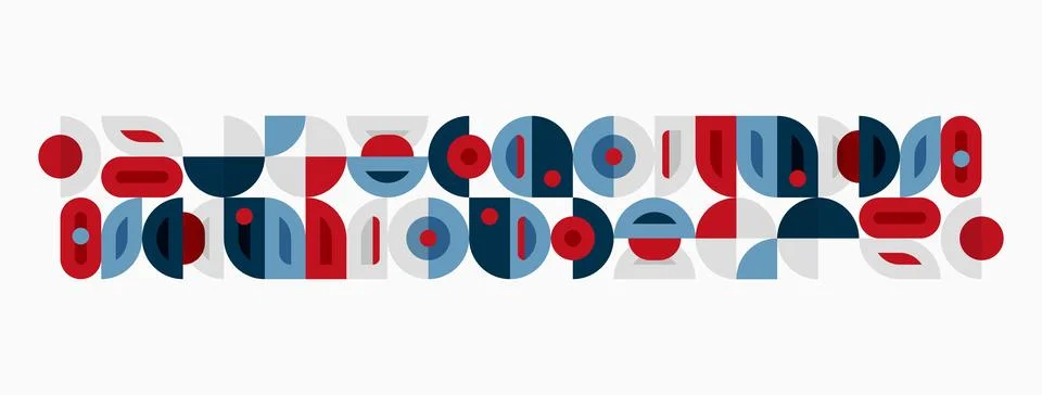 Abstract geometric shapes, circles, rectangles, lines create repeating patter Stock Illustration