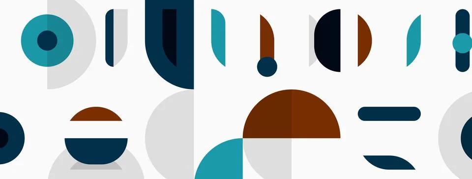 Abstract geometric shapes, circles, rectangles, lines. Teal, gray, brown hues Stock Illustration