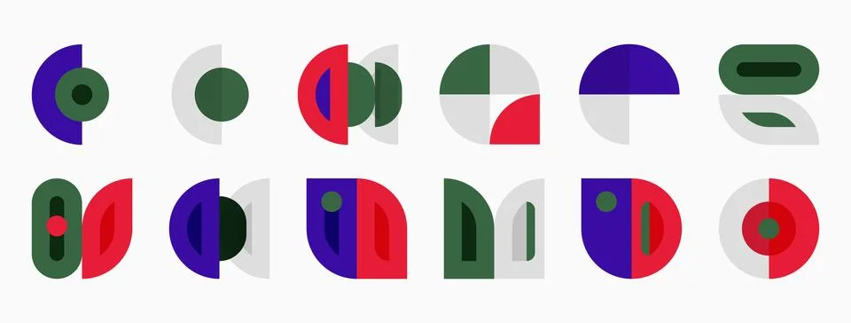 Abstract geometric shapes, circles, rectangles, green, purple, maroon, white. Stock Illustration