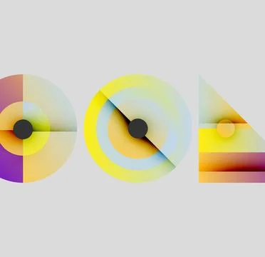 Abstract geometric shapes, circles, triangle, colorful gradients, black centers. Illustrazione stock