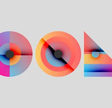 Abstract geometric shapes, circles, triangle. Gradient colors blend smoothly. Illustrazione stock