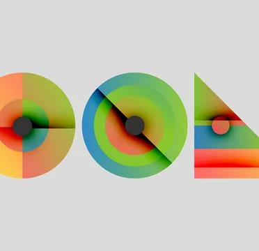 Abstract geometric shapes, circles, triangle. Colorful gradients blend, creating Illustrazione stock