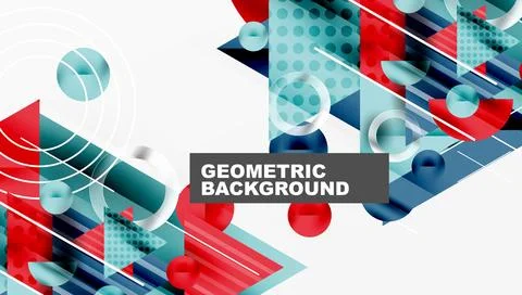 Abstract geometric shapes, circles, triangles, squares. Red, blue, teal colors. 库存插图