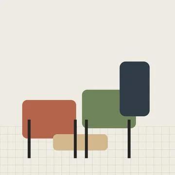 Abstract geometric shapes composition with flat colors and grid background .. Stock Illustration