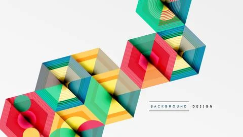 Abstract geometric shapes create vibrant layered design. Hexagons, squares, イラスト素材
