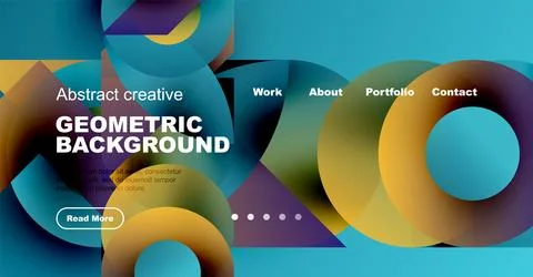 Abstract geometric shapes create vibrant background. Website header includes Stockillustratie
