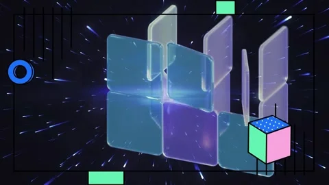 Abstract geometric shapes floating in digital space with neon lights Video stock 341321769