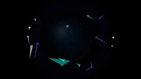 Abstract geometric shapes flying through dark digital space with glowing ci.. Stock Footage 347267979